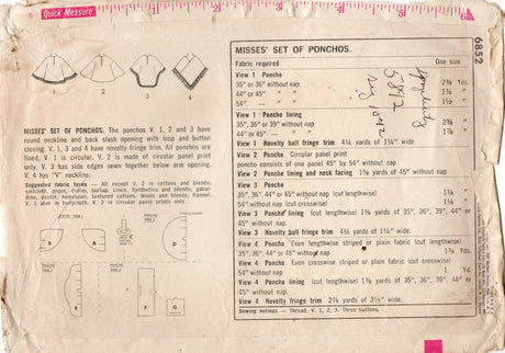 1960's Simplicity Poncho Pattern in 4 Styles - One Size - No. 6852