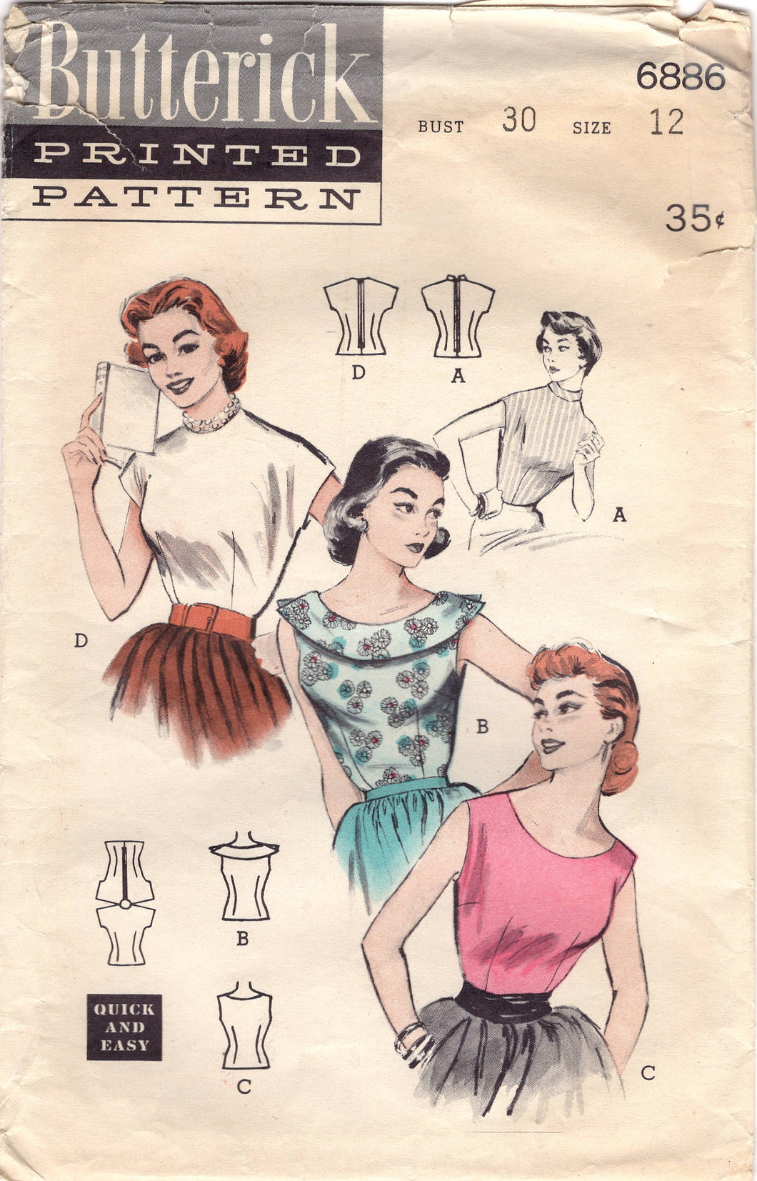 1950's Butterick Blouse Pattern with Large Collar or Collarless - Bust 30