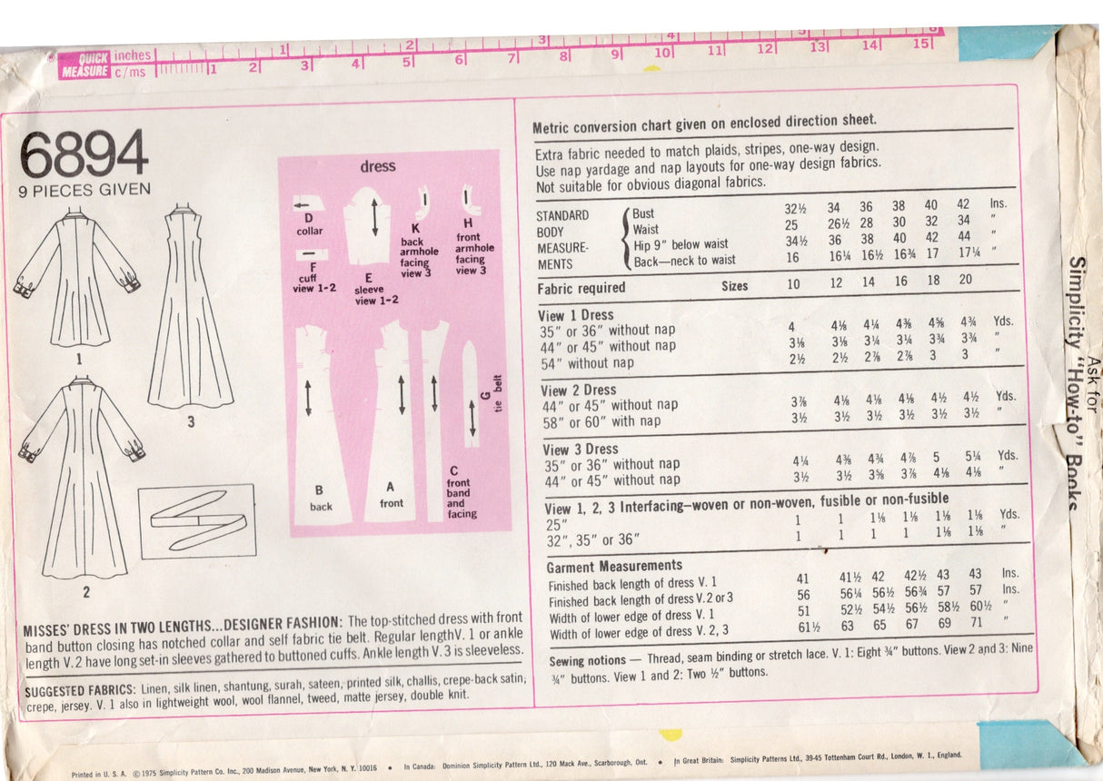 1970’s Simplicity Designer Fashion Button Up Dress Pattern - Bust 40-42" - No. 6894