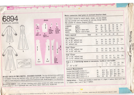 1970’s Simplicity Designer Fashion Button Up Dress Pattern - Bust 40-42" - No. 6894