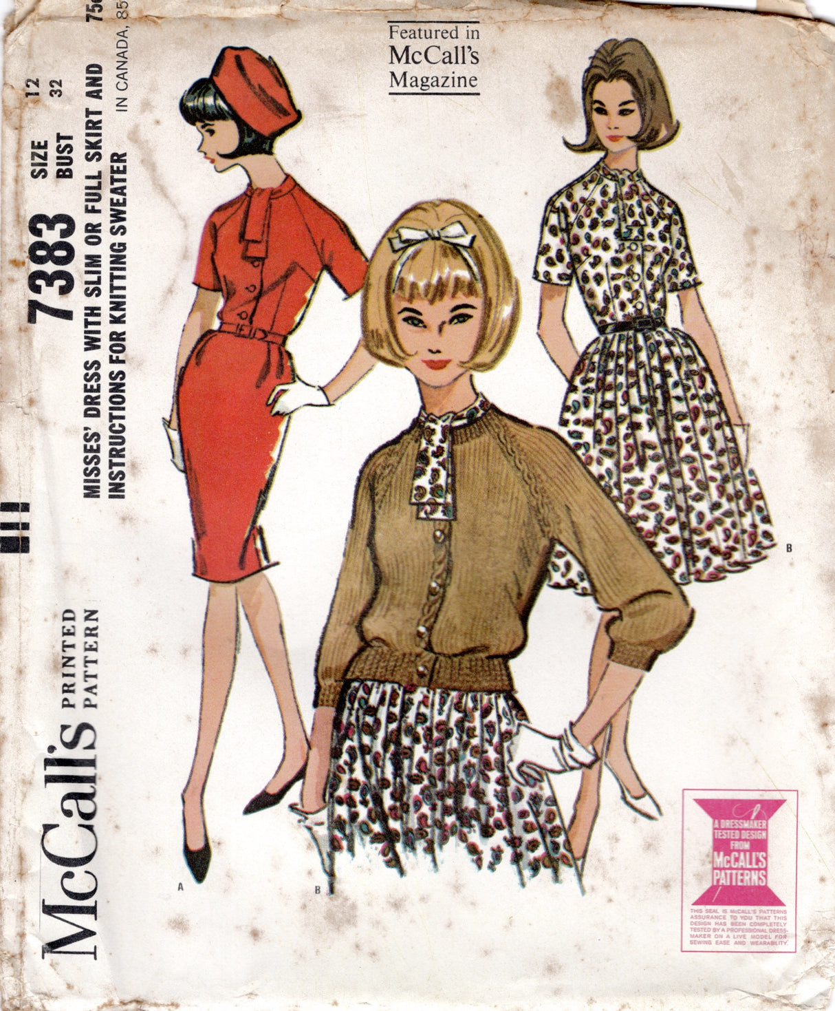 1960's McCall's Shirtwaist Dress pattern with Raglan Sleeves and Knitting Instructions for Sweater - Bust 32" - No. 7383