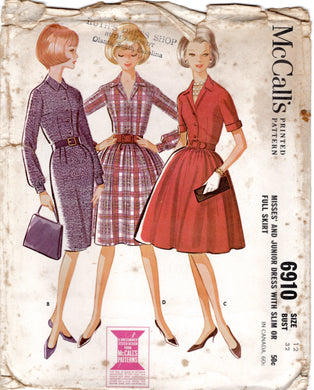 1960's McCall's Shirtwaist Dress pattern with Sheath or Full Skirt - Bust 32