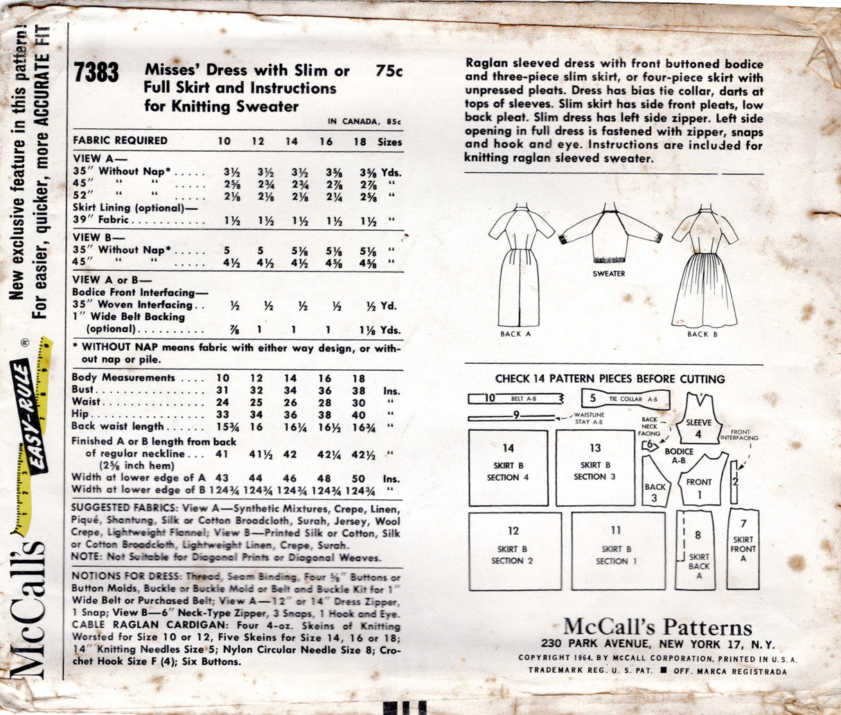 1960's McCall's Shirtwaist Dress pattern with Raglan Sleeves and Knitting Instructions for Sweater - Bust 32" - No. 7383