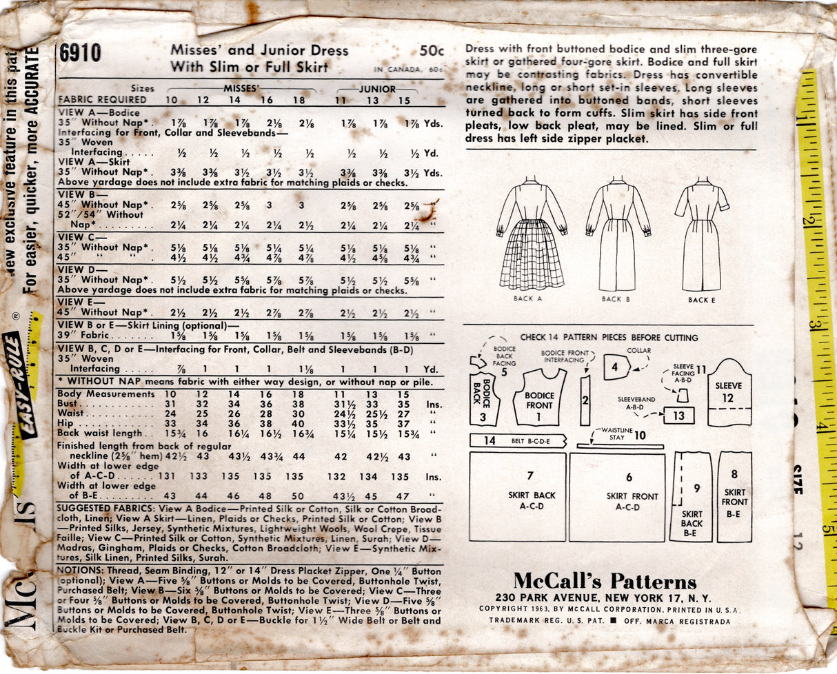 1960's McCall's Shirtwaist Dress pattern with Sheath or Full Skirt - Bust 32" - No. 6910