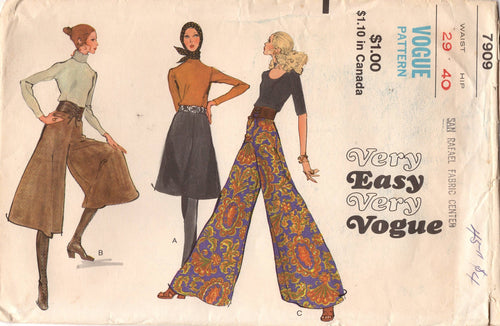 1970's Vogue Gaucho or Elephant Pants pattern - Waist 29