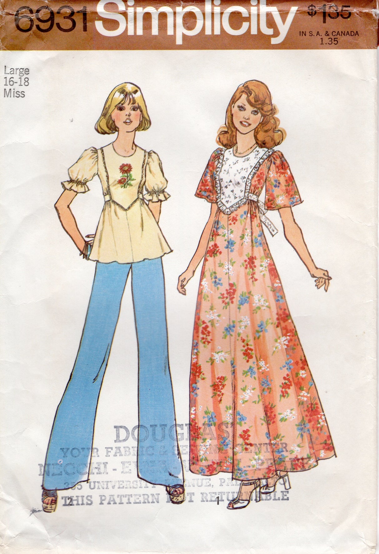 1970's Simplicity Panel Front Top or Maxi Dress Pattern with Puff Sleeves - Bust 38-40" - No. 6931