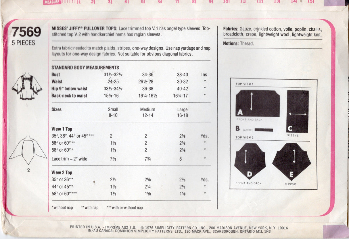 1970's Simplicity Pullover Blouse Pattern with Handkerchief Sleeves - Bust 38-40" - No. 7569