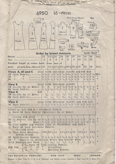 1930's Butterick Child's Princess Seam Coat and Hat Pattern - Chest 30 - No. 6950