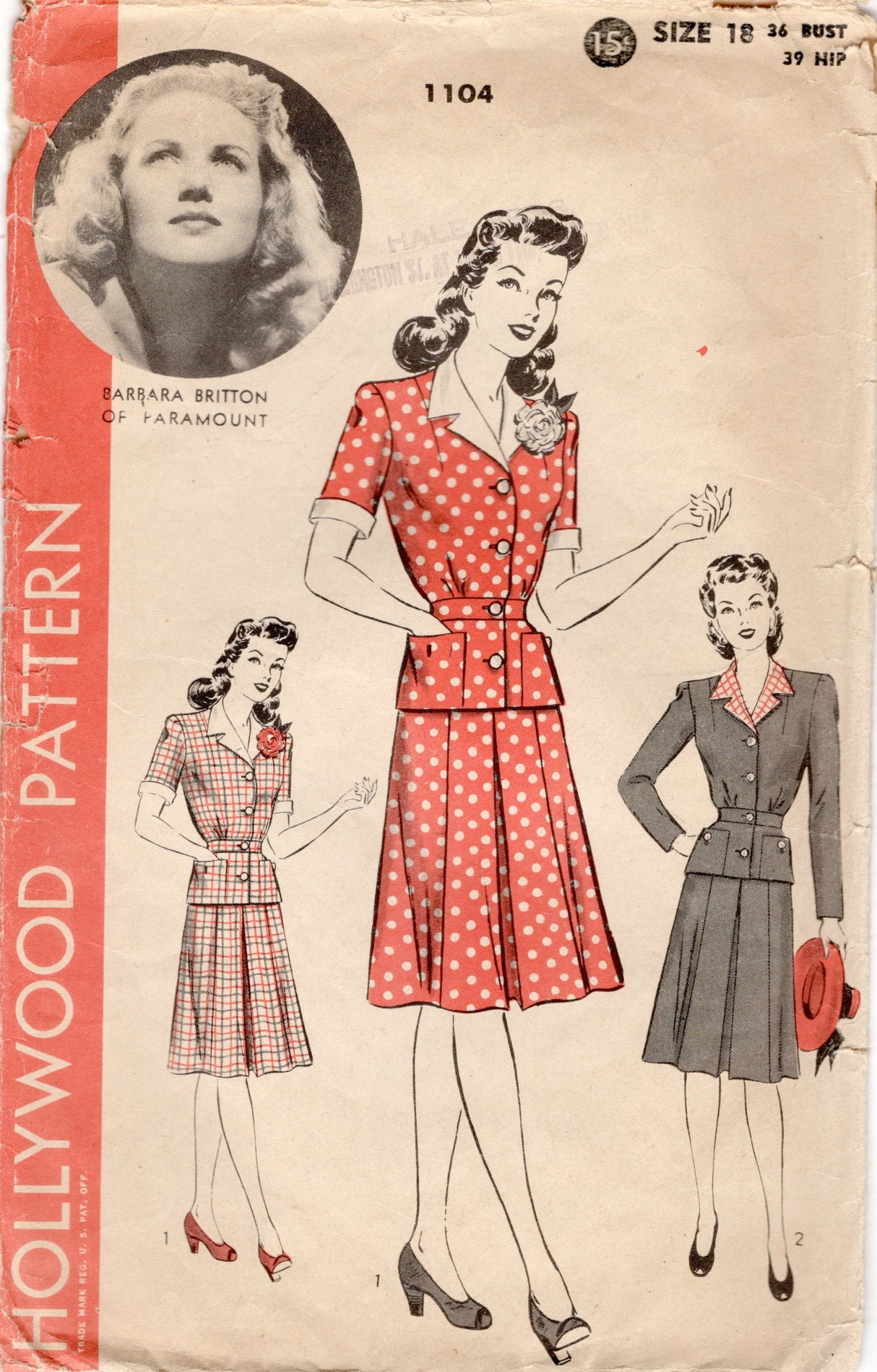 1940's Hollywood Two Piece Dress with Gored Skirt feat. Barbara Britton - Bust 36" - No. 1104