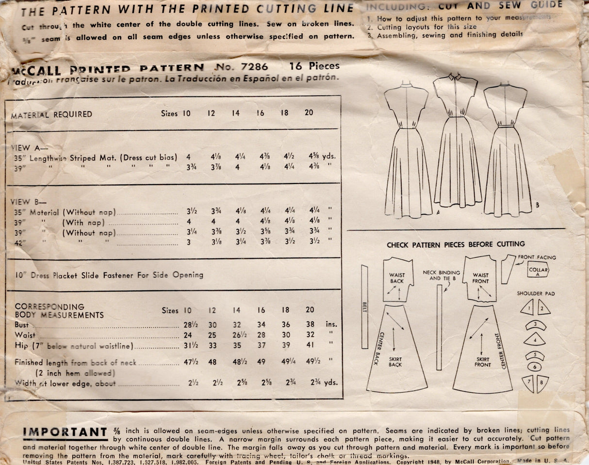 1940's McCall Slit Neckline One Piece Dress Pattern - Bust 34" - No. 7286
