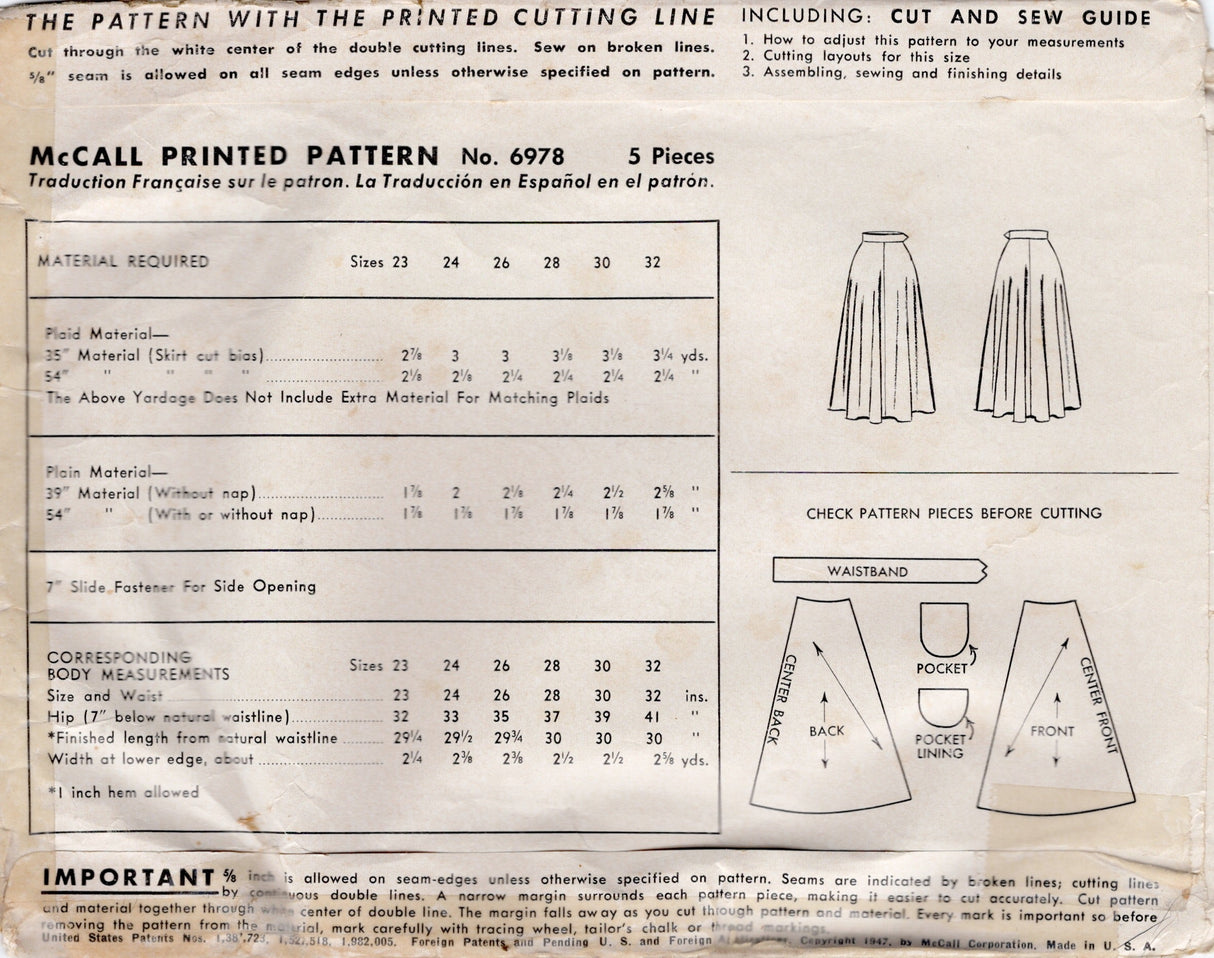 1940's McCall Bias or Straight Grain A Line Skirt Pattern - Waist 26" - no. 6978