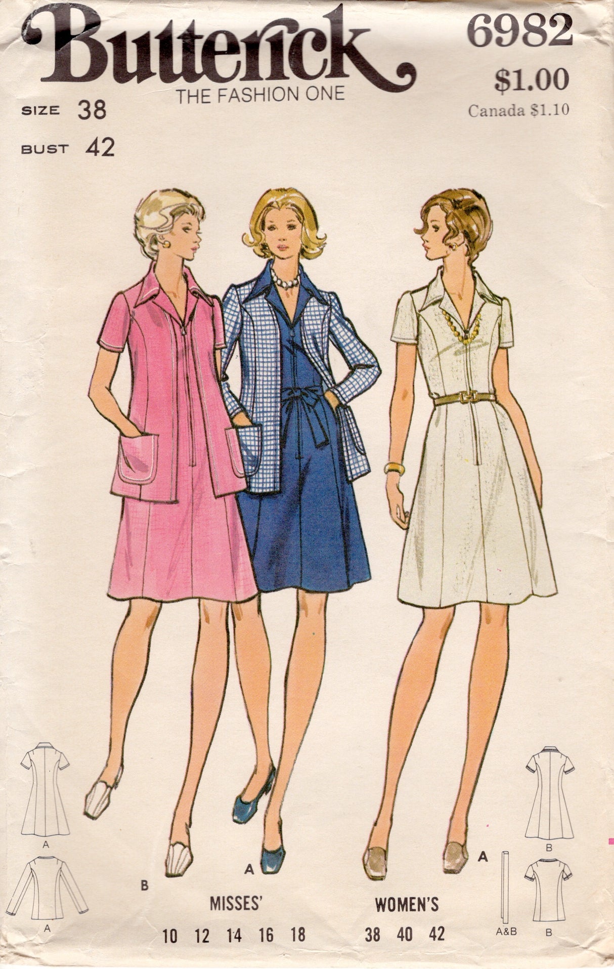 1970's Butterick Zip Front Princess Line Dress and Jacket Pattern - Bust 42" - No. 6982
