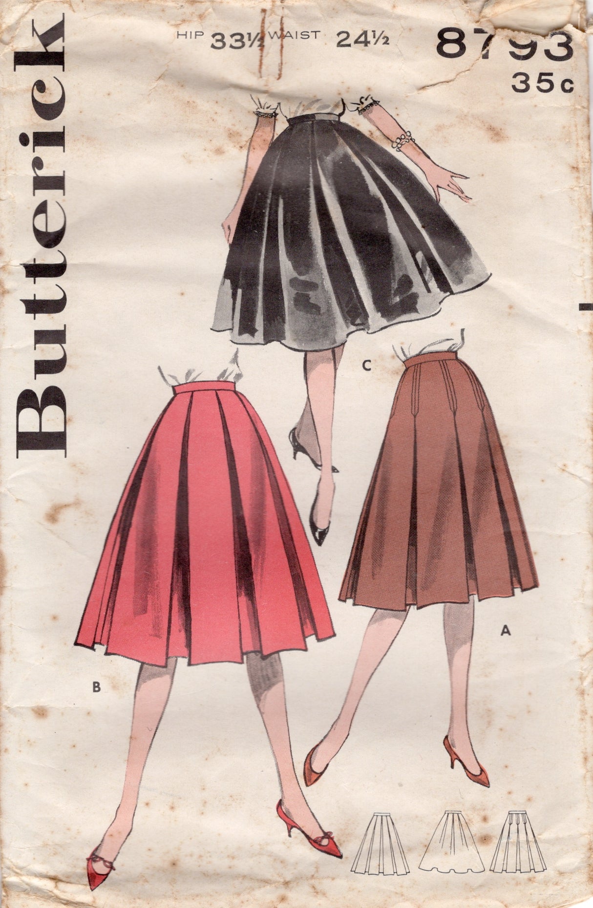 1950's Butterick Trapeze Pleated Skirt Pattern - Waist 24.5" - No. 8793