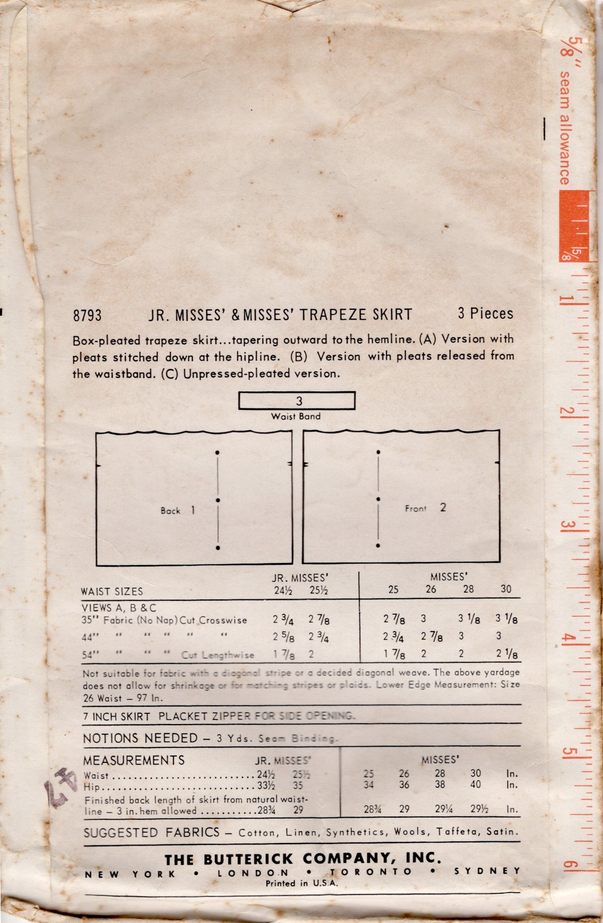 1950's Butterick Trapeze Pleated Skirt Pattern - Waist 24.5" - No. 8793