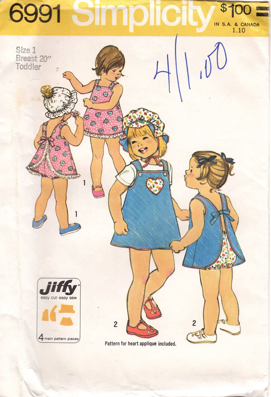 1970's Simplicity Jiffy Jumper Dress, Bloomers, and Hat Pattern - Size 1 - Breast 20