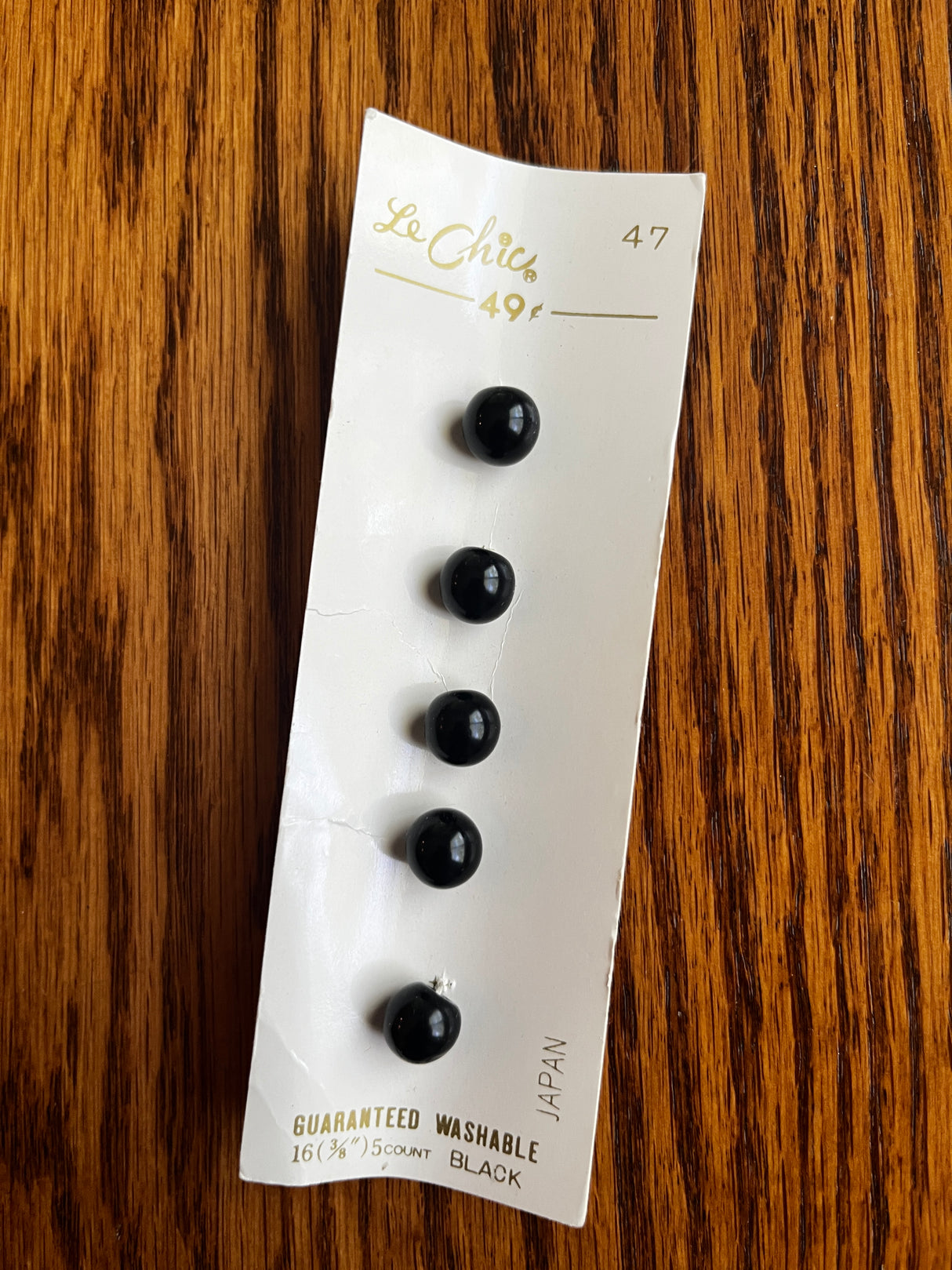 1980’s Le Chic Black Round Shank Plastic Buttons - Set of 5 - 3/8” - on card
