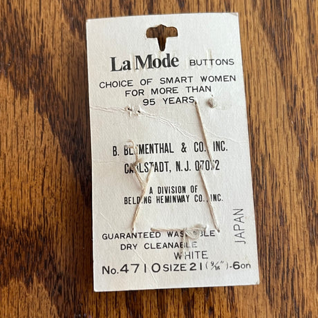 1980’s La Mode White formed Plastic Shank Buttons - Opaque - on card