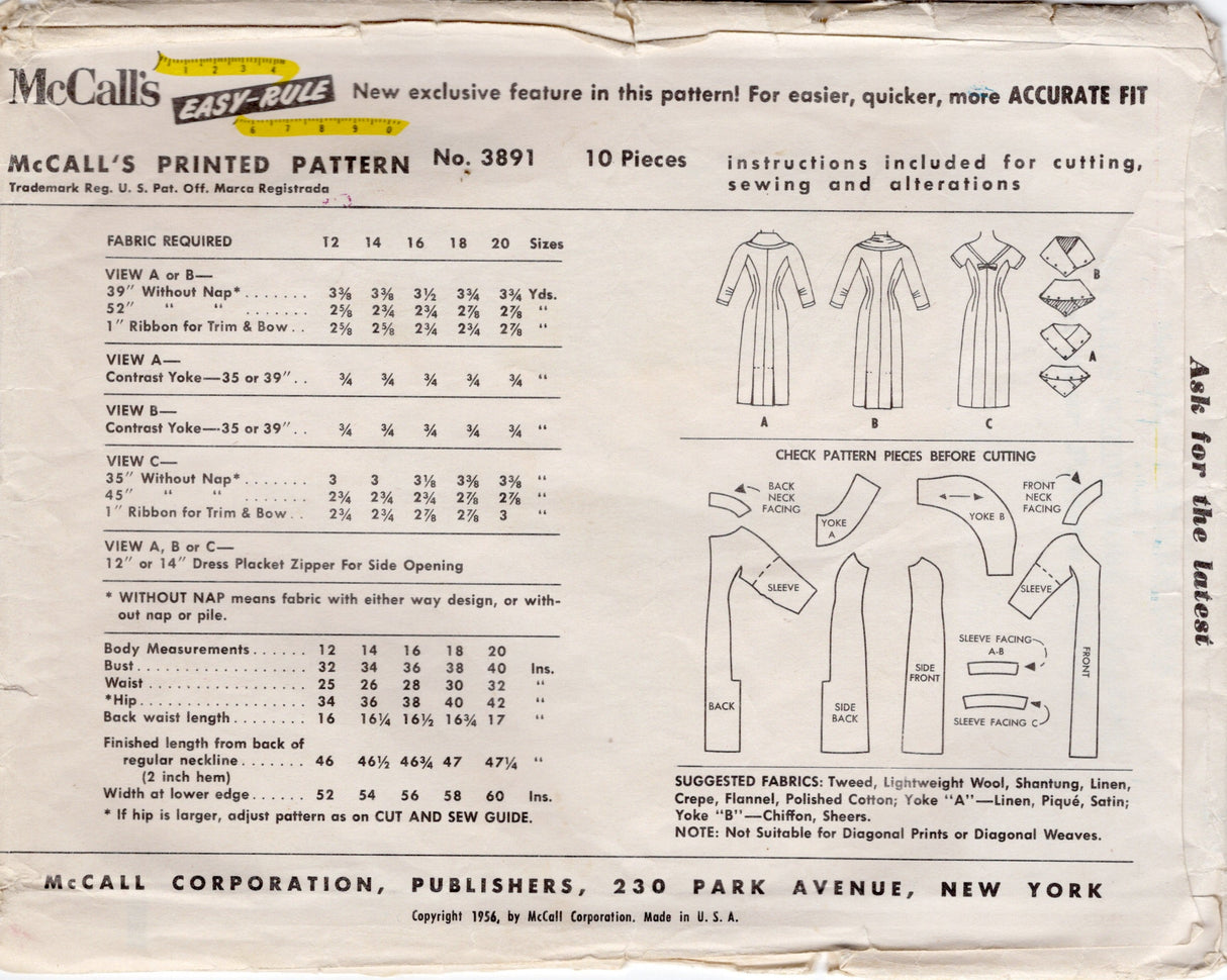 1950's McCall's Princess Line Sheath Dress Pattern with Detachable Yokes - Bust 34" - No. 3891