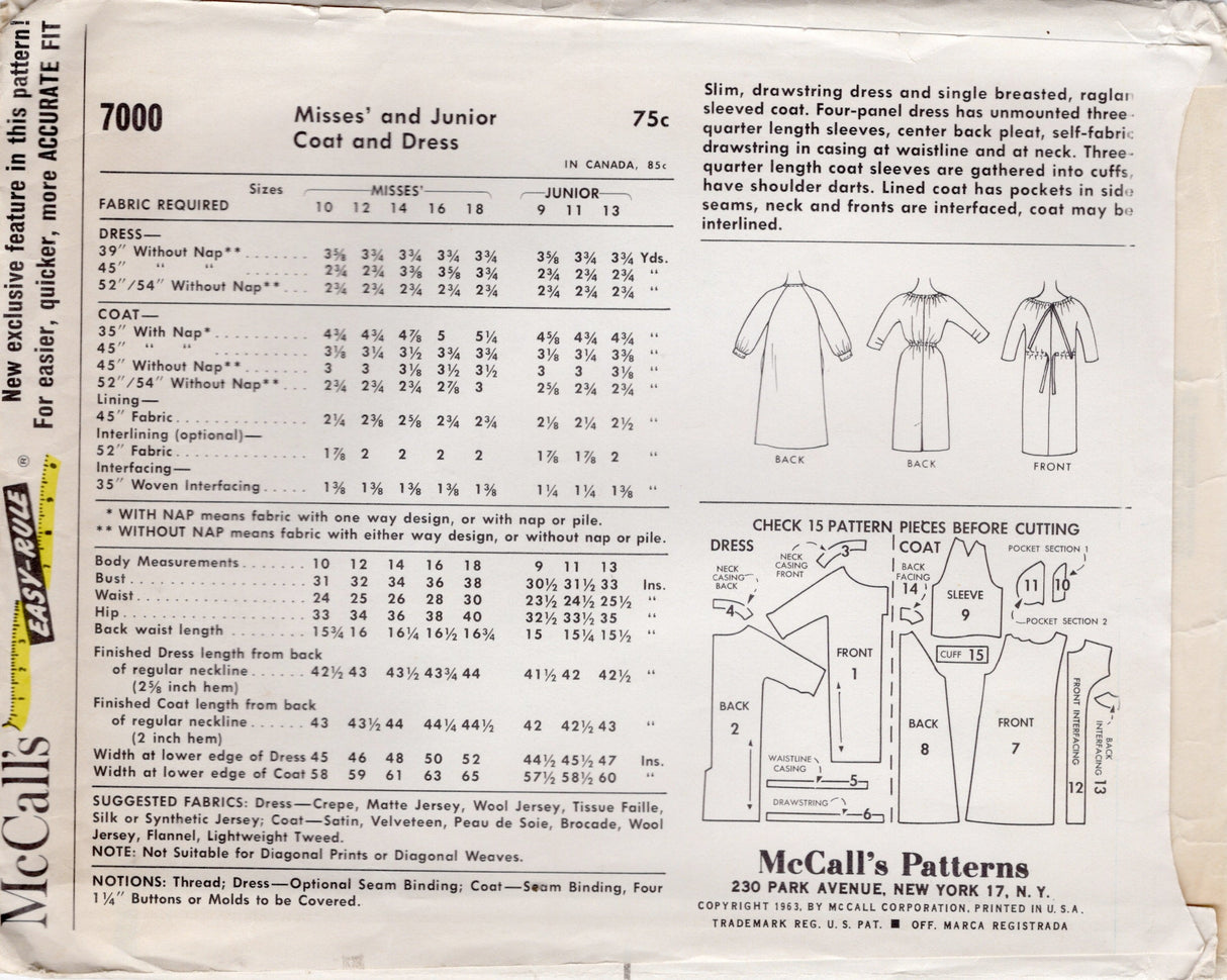 1960's McCall's Shift Dress and Swing Coat Pattern - Bust 34" - No. 7000