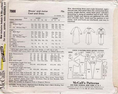 1960's McCall's Shift Dress and Swing Coat Pattern - Bust 34" - No. 7000