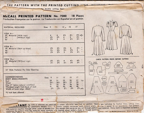 1940's McCall Shirtwaist Dress with Large Yoke - Bust 35" - No. 7000