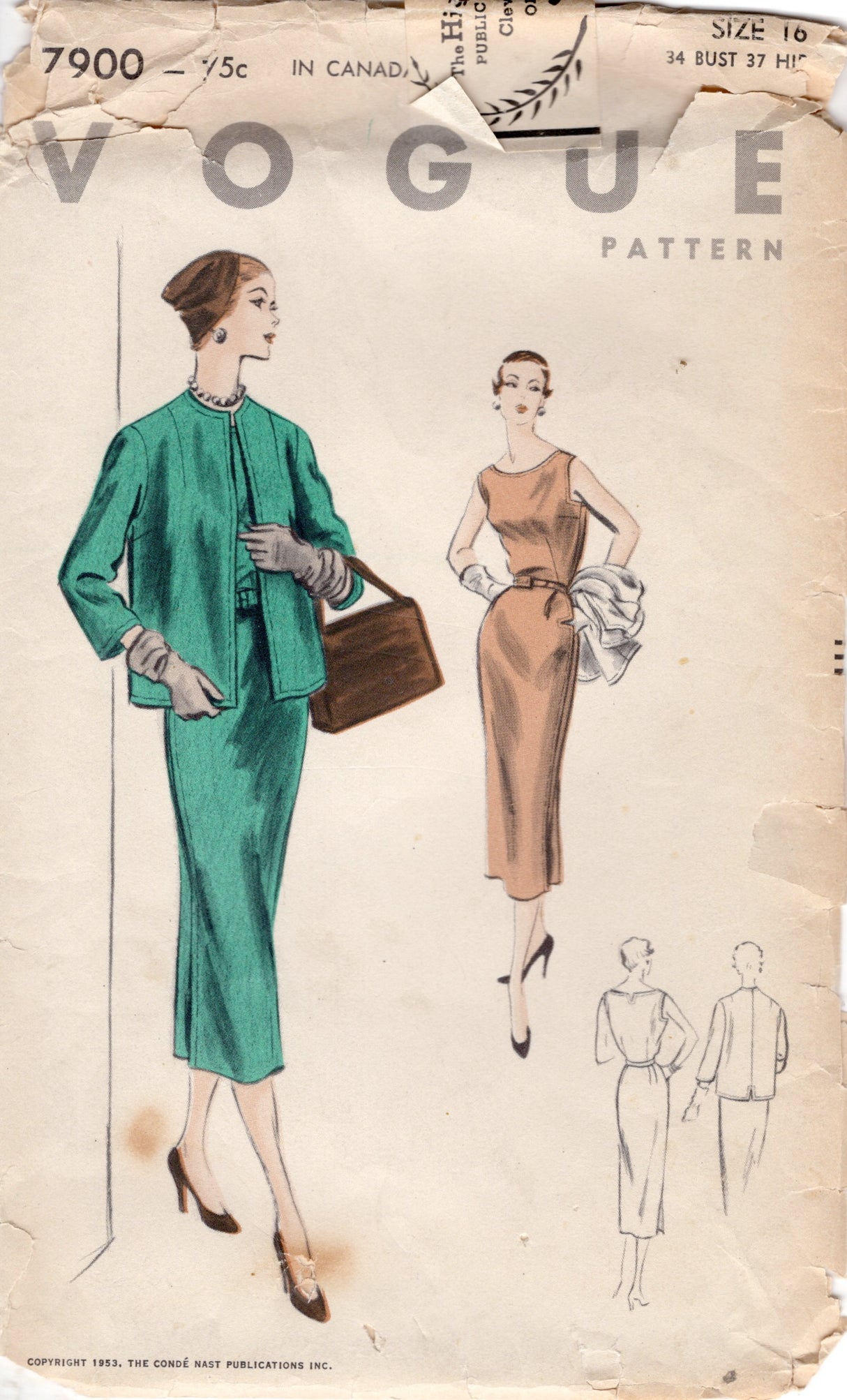 1950's Vogue Sheath Dress Pattern with Notched Pockets - Bust 34" - No. 7900