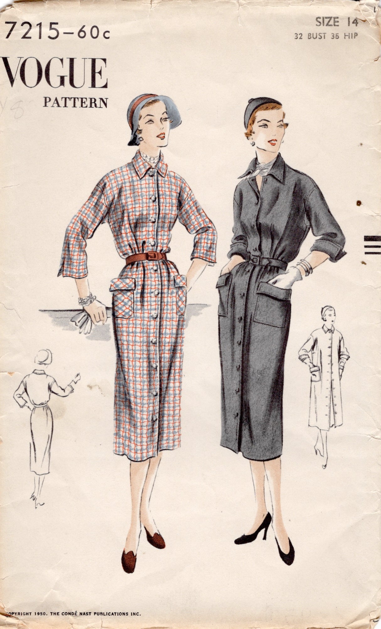1950's Vogue Button Up Dress Pattern with Patch Pockets - Bust 32" - No. 7215