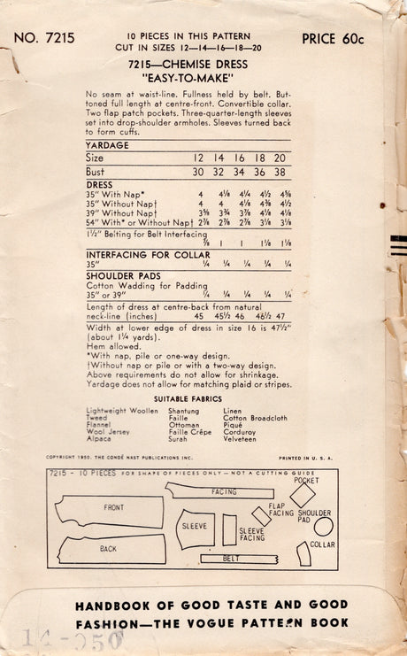 1950's Vogue Button Up Dress Pattern with Patch Pockets - Bust 32" - No. 7215