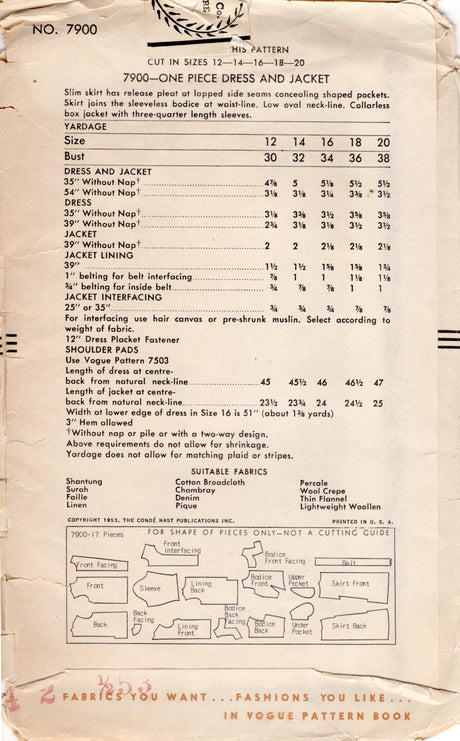 1950's Vogue Sheath Dress Pattern with Notched Pockets - Bust 34" - No. 7900