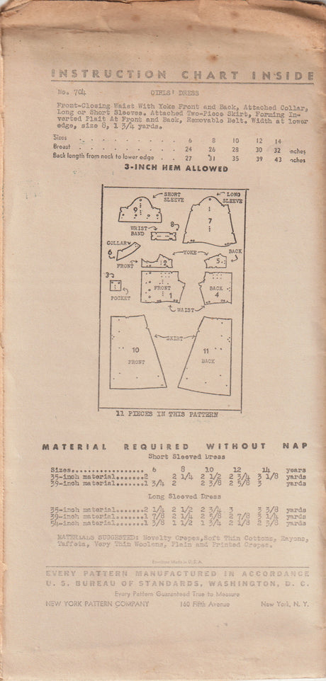 1930's New York Child's Shirtwaist Dress Pattern - Chest 28" - No. 704