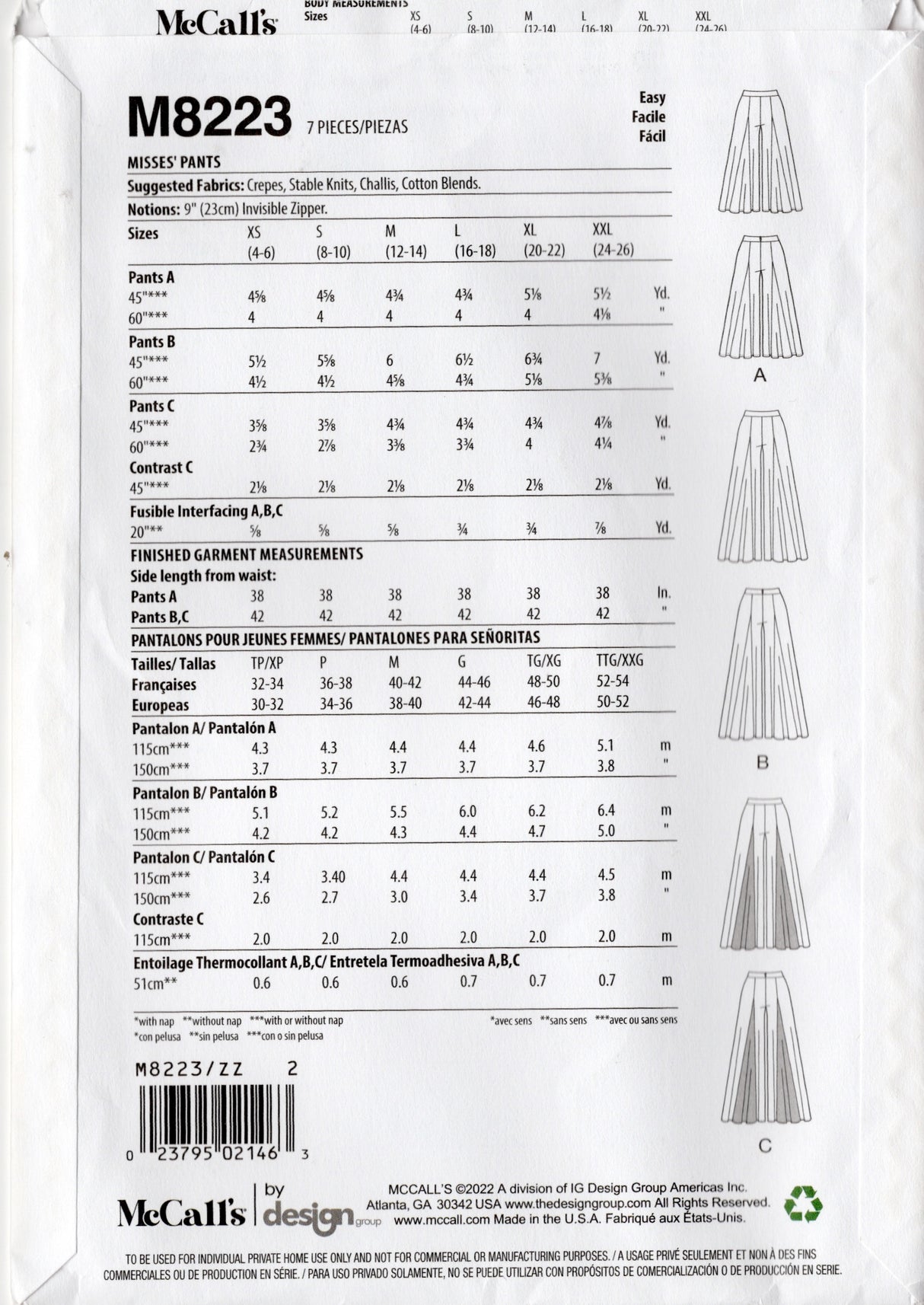 2020's McCall's Wide Leg Pants Pattern with Godets - Waist 30-32" - No. M8223