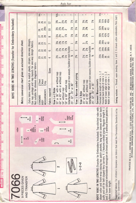 1970's Simplicity Child's Robe with Pockets Pattern - Size 6 - Chest 25"  - No. 7066