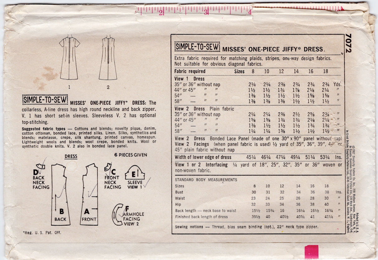 1960's Simplicity Jiffy One Piece Sleeveless Dress - Bust 34" - No. 7072