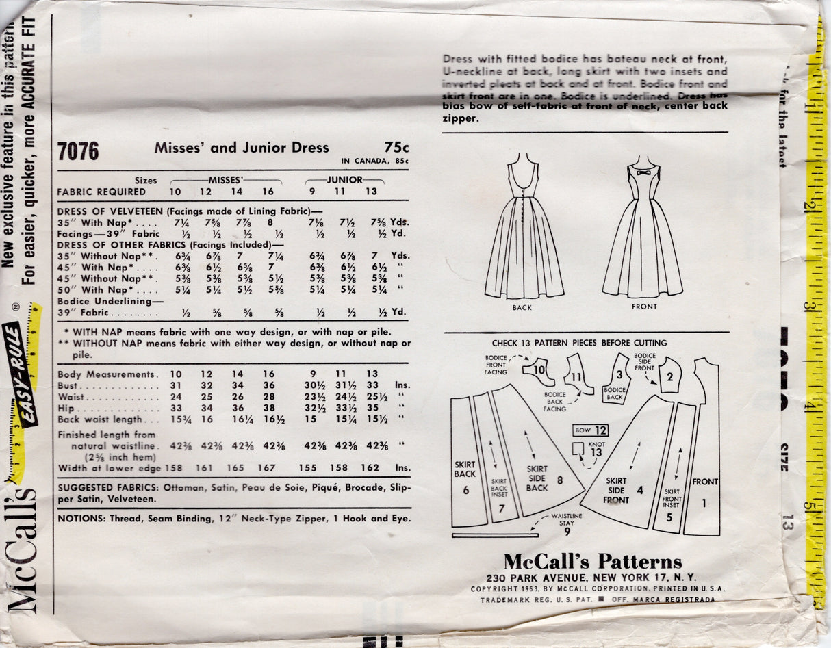 1960's McCall's Princess line Dress Pattern with Pleated Skirt and Deep Scoop Back- Bust 33" - no. 7076