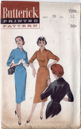 1950's Butterick One Piece Sheath Dress Pattern with Square Armseye and Sailor Collar - Bust 30" - No. 7101