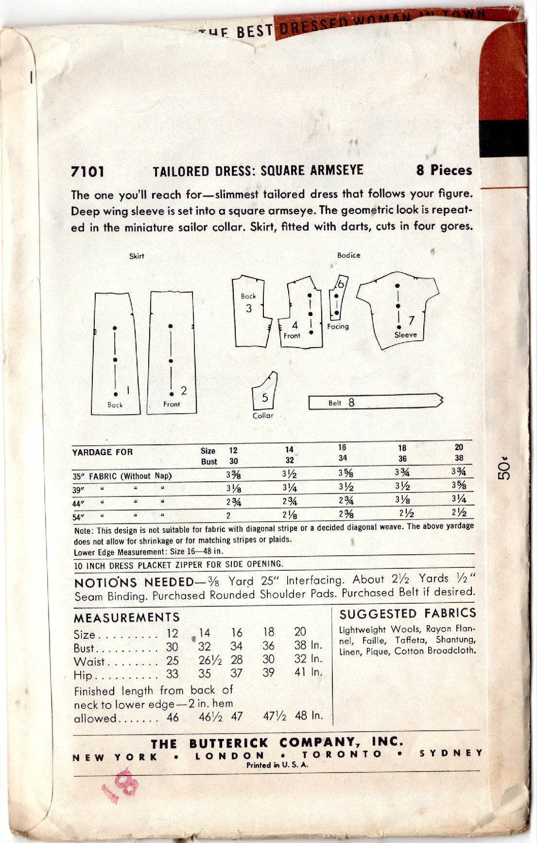 1950's Butterick One Piece Sheath Dress Pattern with Square Armseye and Sailor Collar - Bust 30" - No. 7101