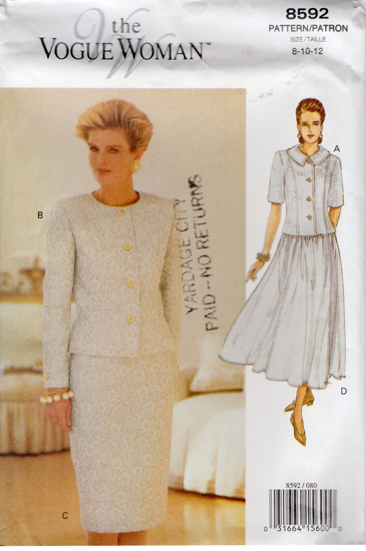 1990's Vogue Two Piece Dress Pattern with Slim or Gathered Skirt - Bust 31.5-34" - No. 8592