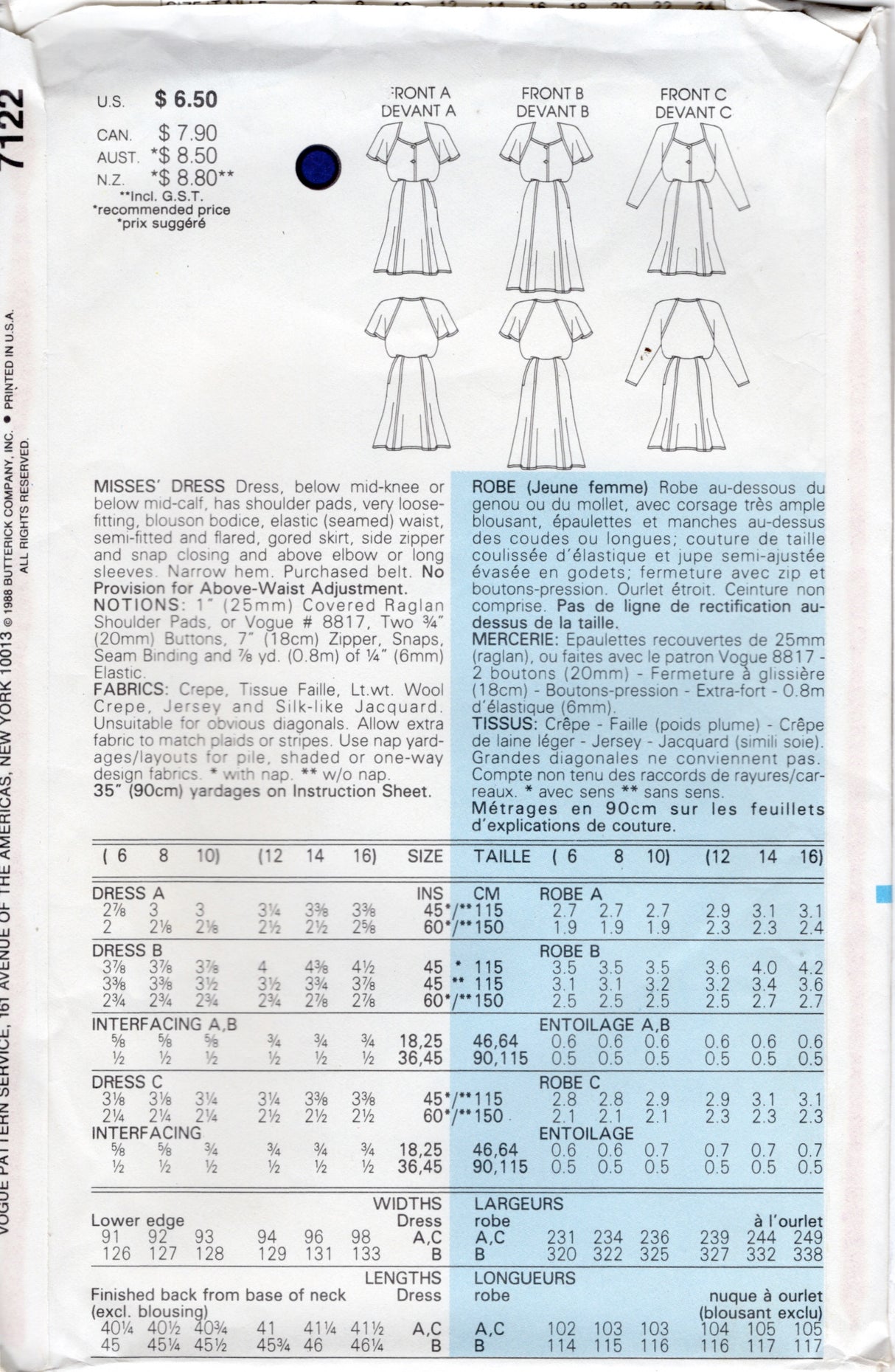 1980's Vogue Shirtwaist Dress Pattern with Raglan Sleeves - Bust 34-38" - No. 7122