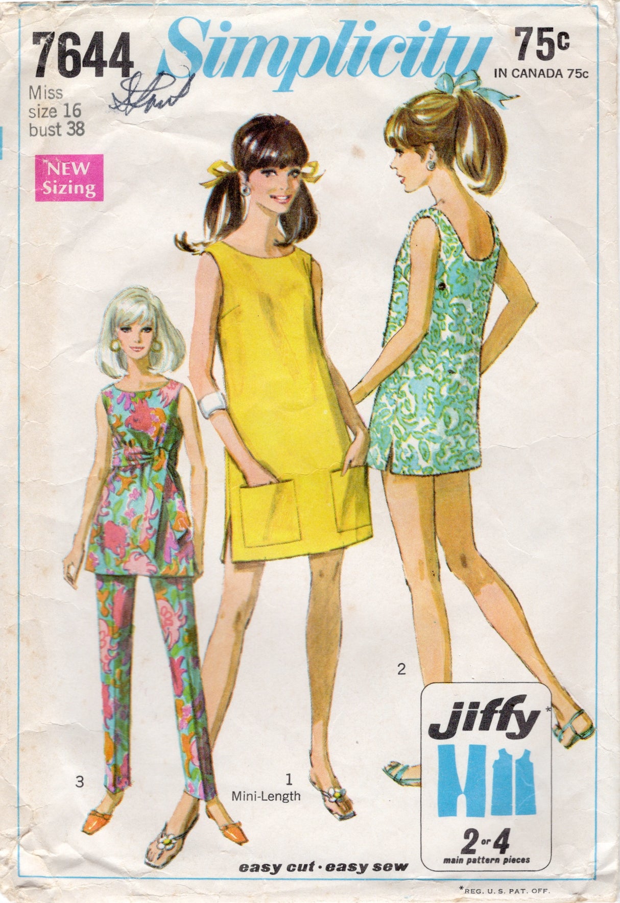 1960’s Simplicity Mini Dress or Tunic Top and Pants Pattern - Bust 38” - No. 7644