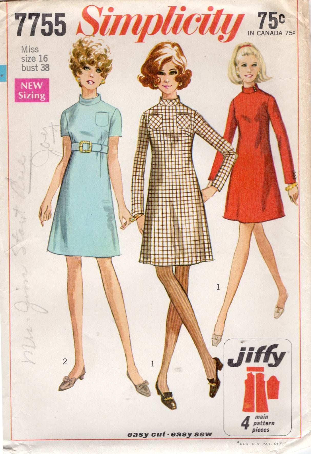 1960’s Simplicity Jiffy A-Line Dress Pattern with Pocket - Bust 38” - No. 7755