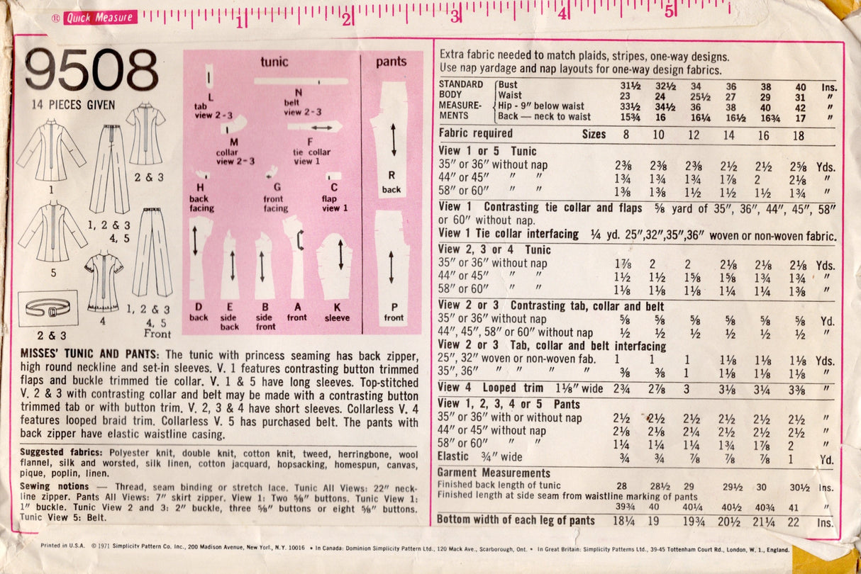 1970's Simplicity Princess Line Tunic Pattern - Bust 40" - No. 9508