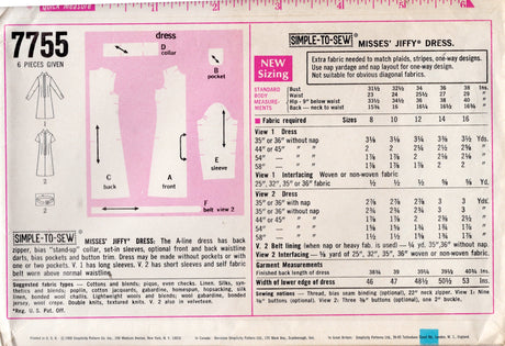 1960’s Simplicity Jiffy A-Line Dress Pattern with Pocket - Bust 38” - No. 7755