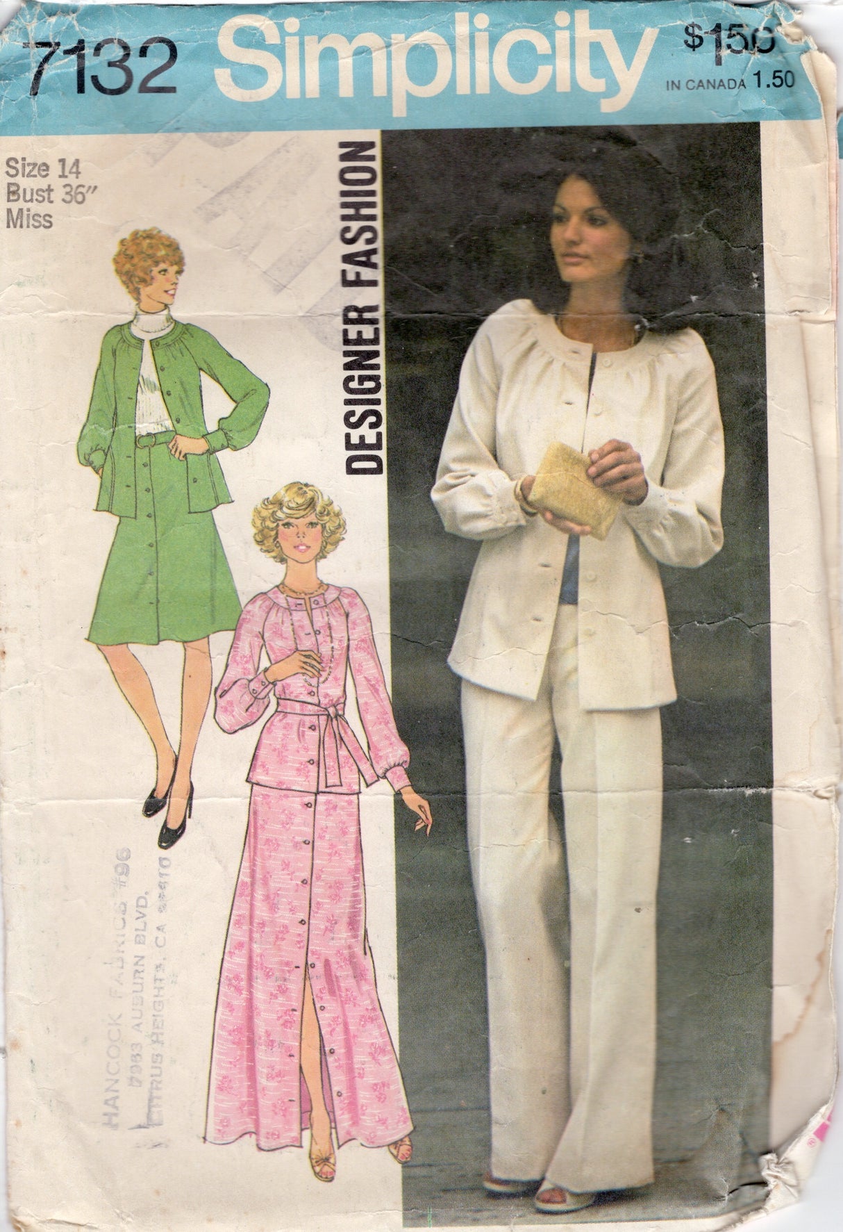 1970's Simplicity Two Piece Dress or Pantsuit Pattern  - Bust 36" - No. 7132