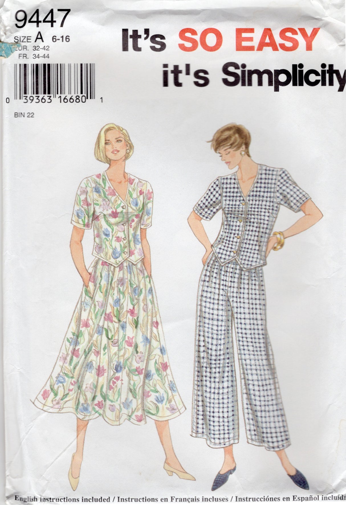 1990's Simplicity Button Up Top, Flared Skirt and Pants Pattern - Bust 30.5-38" - No. 9447