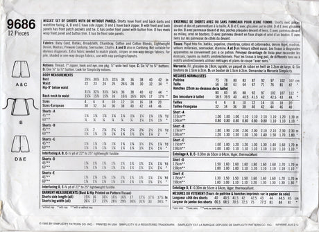 1990's Simplicity Shorts with or without Panels Pattern - Waist 22-24" - No. 9686
