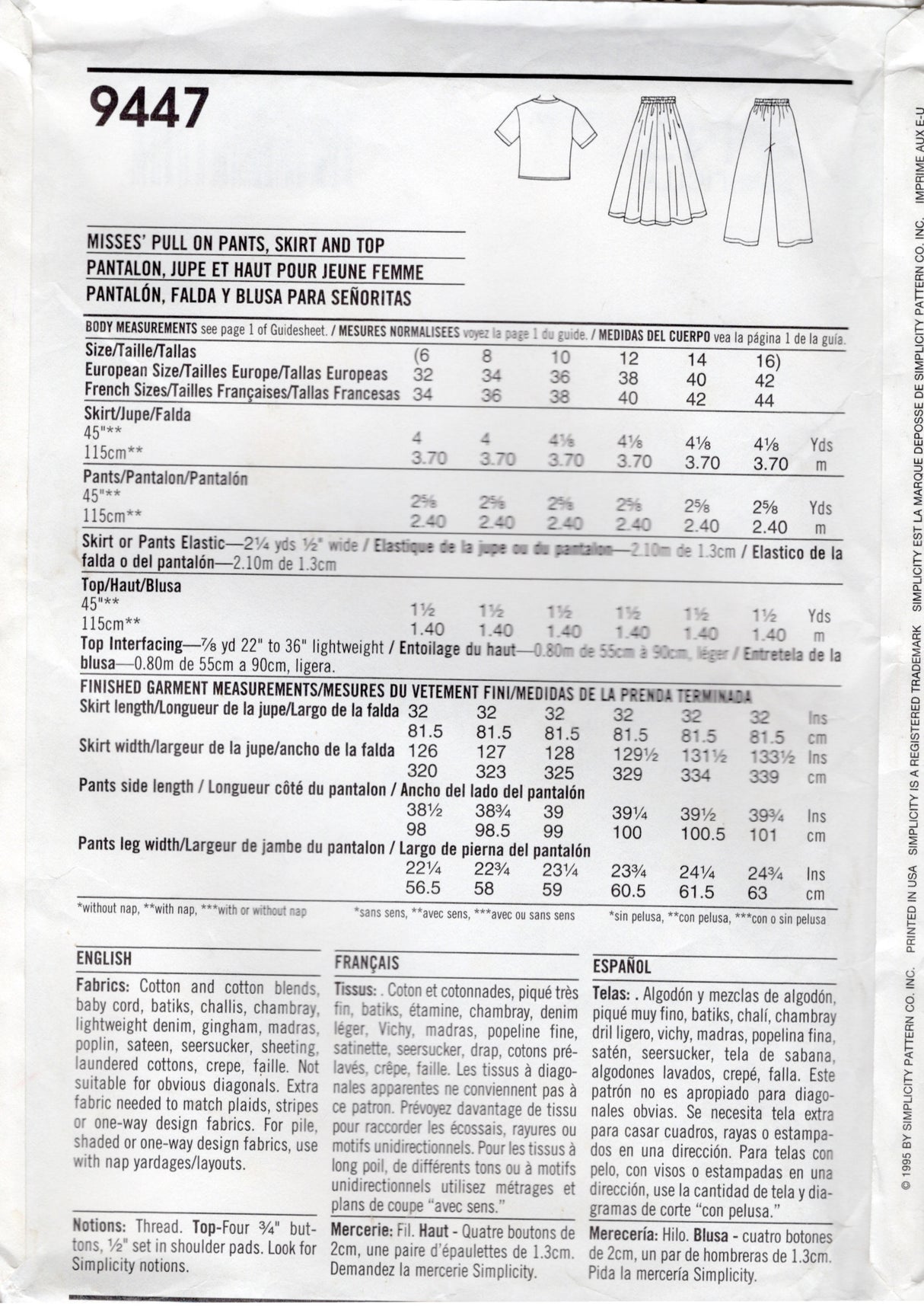 1990's Simplicity Button Up Top, Flared Skirt and Pants Pattern - Bust 30.5-38" - No. 9447