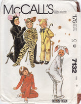 1980's McCall’s Child’s Animal Zip Front Costume Pattern feat. Cat, Mouse, Bunny- Chest 25" - No. 7132