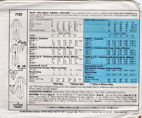 1980's McCall’s Child’s Animal Zip Front Costume Pattern feat. Cat, Mouse, Bunny- Chest 25" - No. 7132