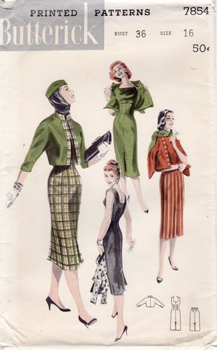 1950’s Butterick Sheath Dress and Cropped Bolero Jacket Pattern - Bust 36” - No. 7854
