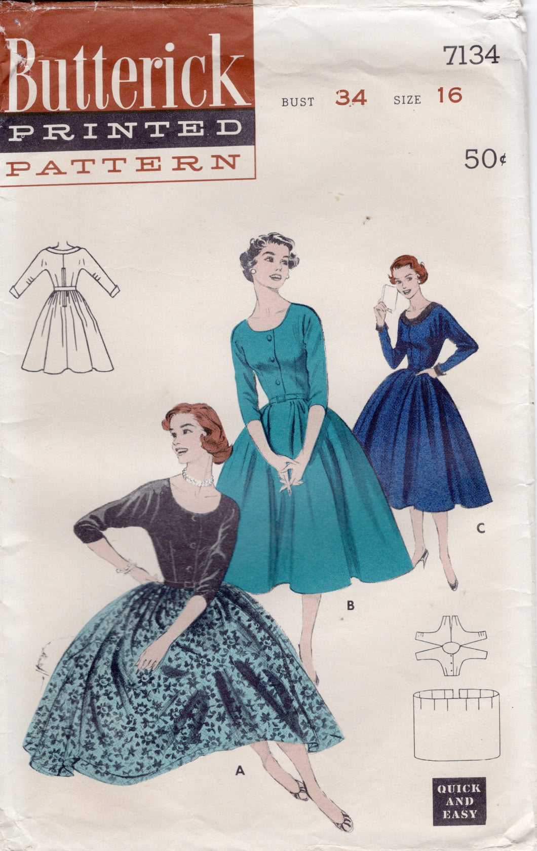 1950's Butterick One Piece Scoop Neck Shirtwaist Dress Pattern with Dolman Sleeves - Bust 34